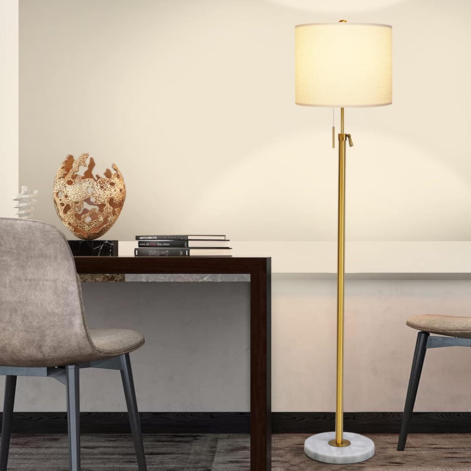 Adjustable Gold Floor Lamp with Marble Base and White Linen Shade