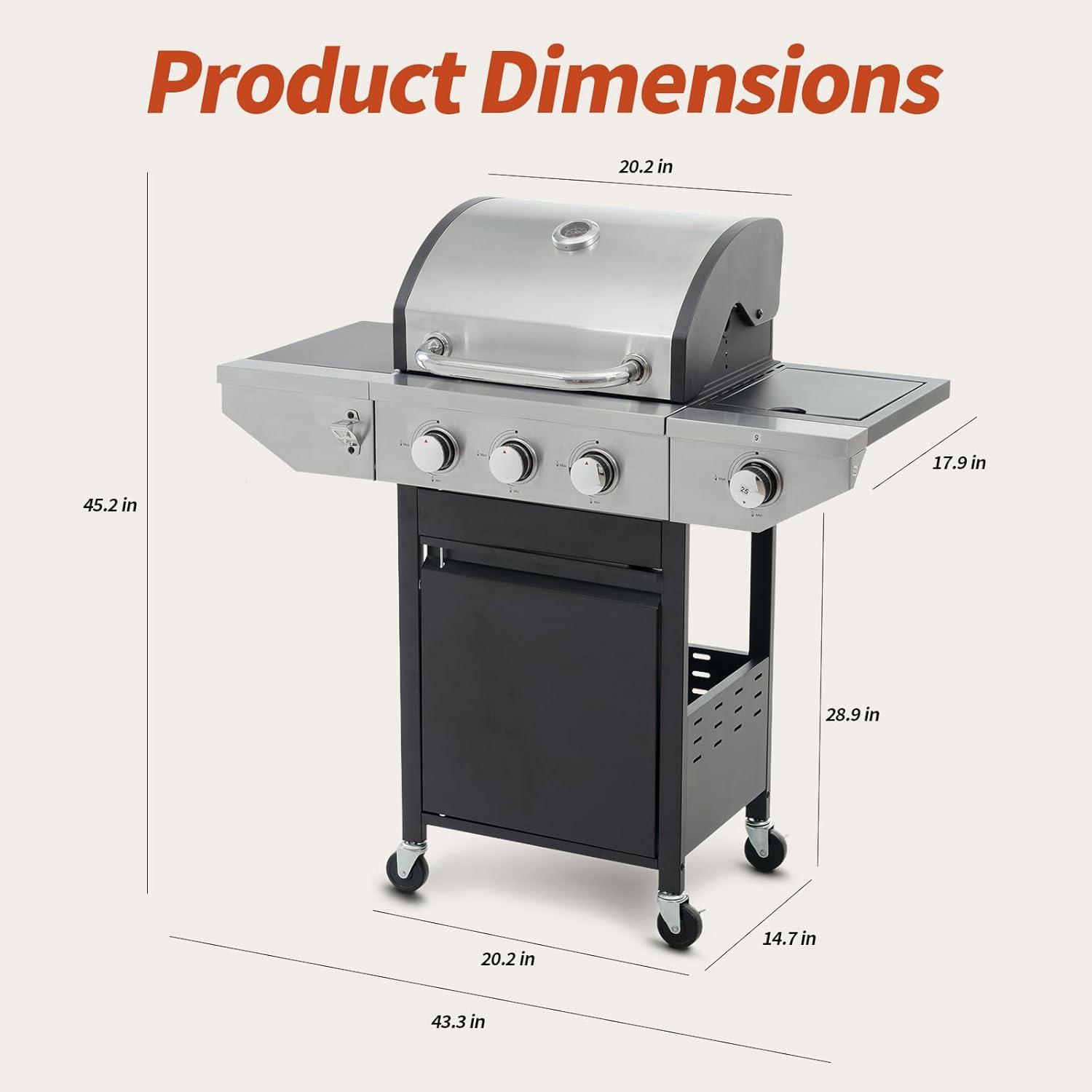 3-Burners Propane Gas Grill Outdoor with Side Burner & Thermometer, Stainless Steel Propane Grill for Outdoor BBQ and Camping, Patio Backyard Barbecue, 33950 BTU Output