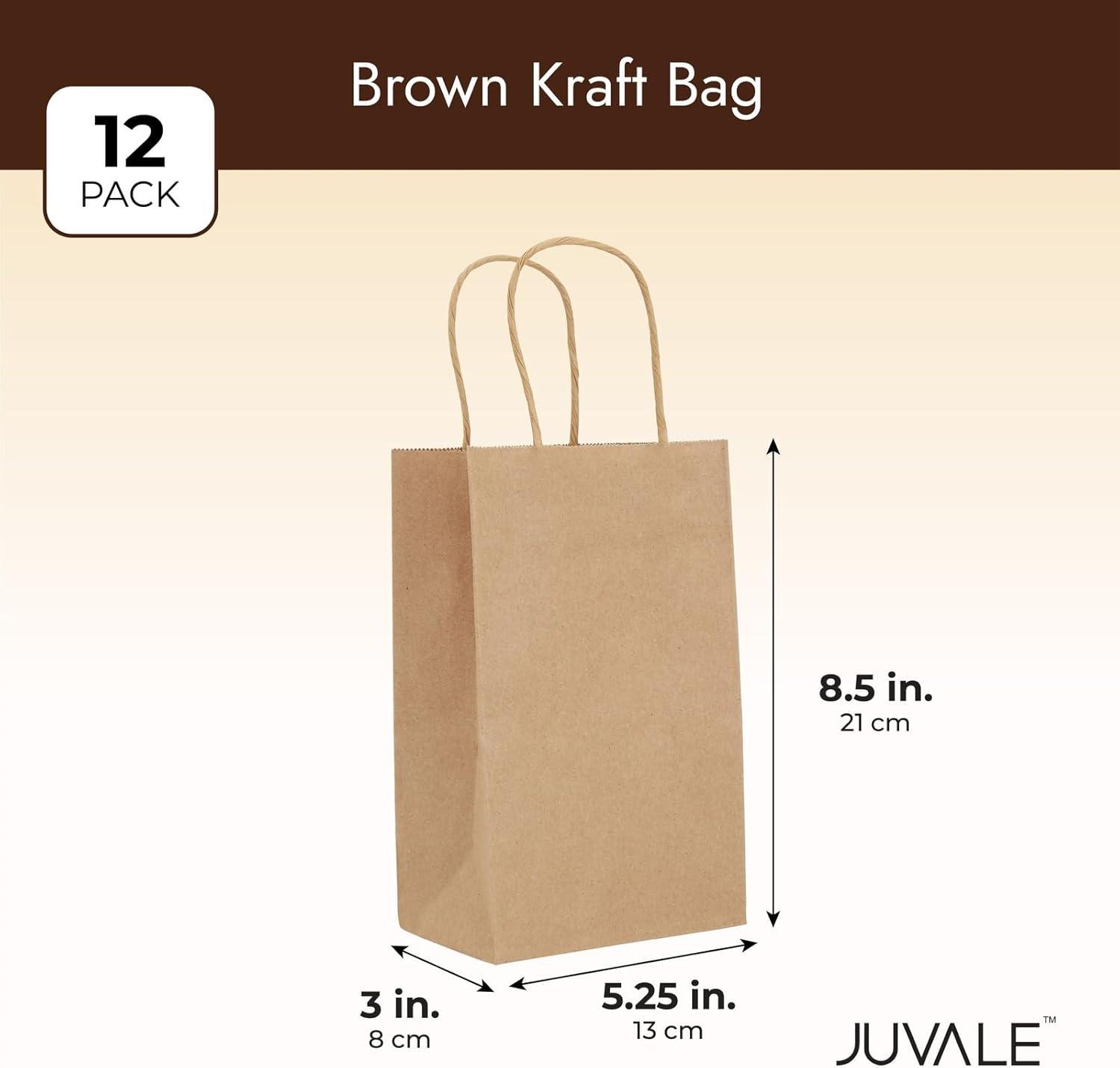 Blue Panda 12 Pack Small Gift Bags with Handles, 3x5.25x8.5 Inches, Bulk Kraft Paper Material Brown Bags for Party Favors, Goodies