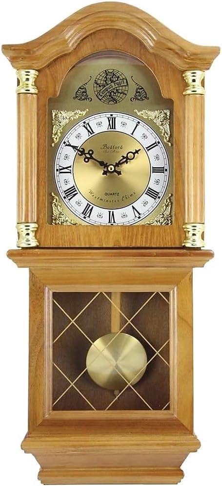 Bedford Clock Collection Classic Golden Oak Chiming Wall Clock With Swinging Pendulum