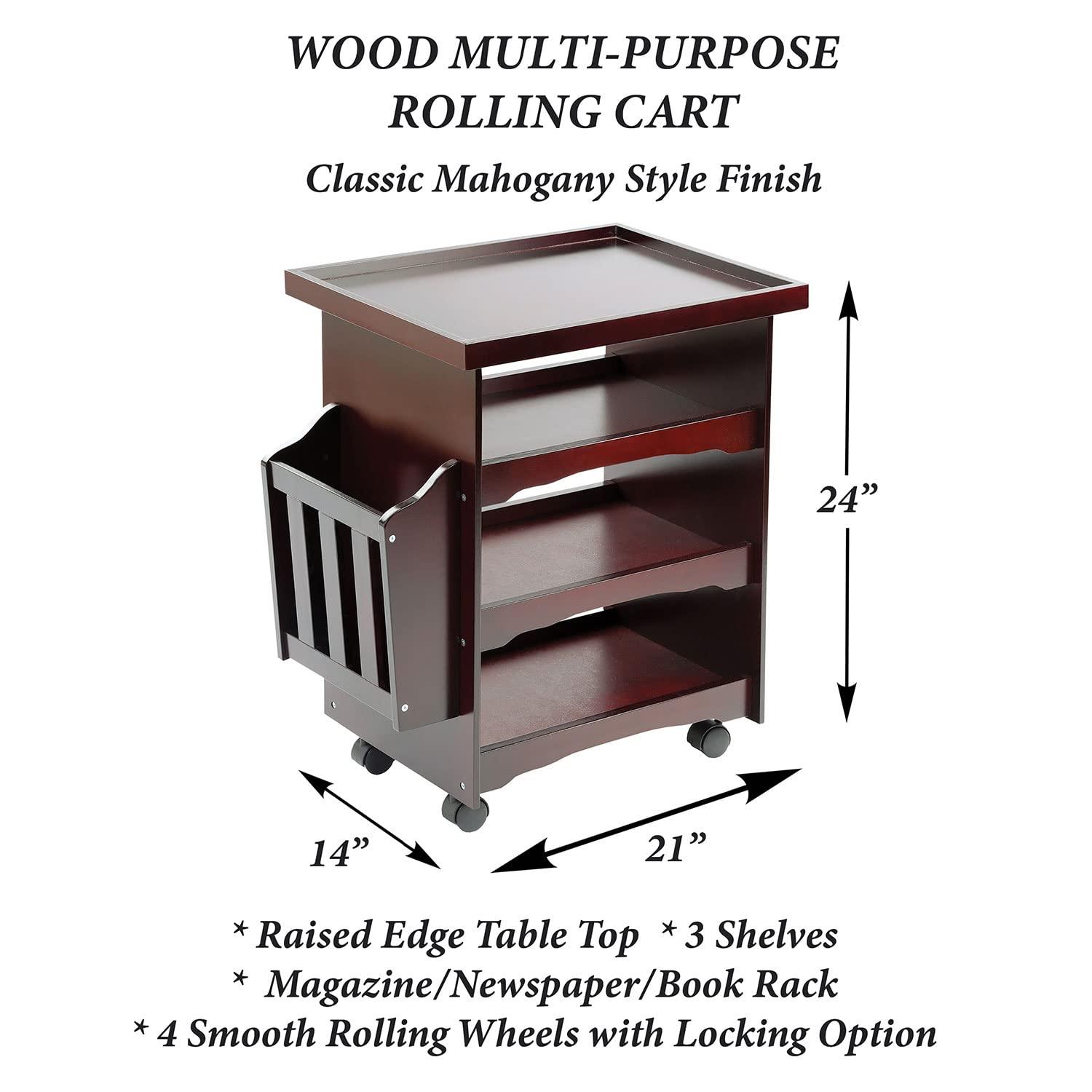 ETNA Rolling Bar Cart Multipurpose End Table with Wheels Narrow Side Table with Magazine Rack, Mahogany Wood Finish, 24" H x 21" L x 14" W