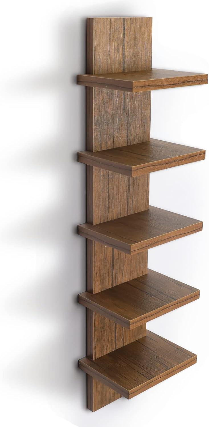 5 Tier Wall Shelf Unit, Decorative Wall Mount Vertical Shelving,Modern Column Floating Shelves for Bedrooms, Bathrooms 5.5" x 7.2" x 31"(Rustic Brown)