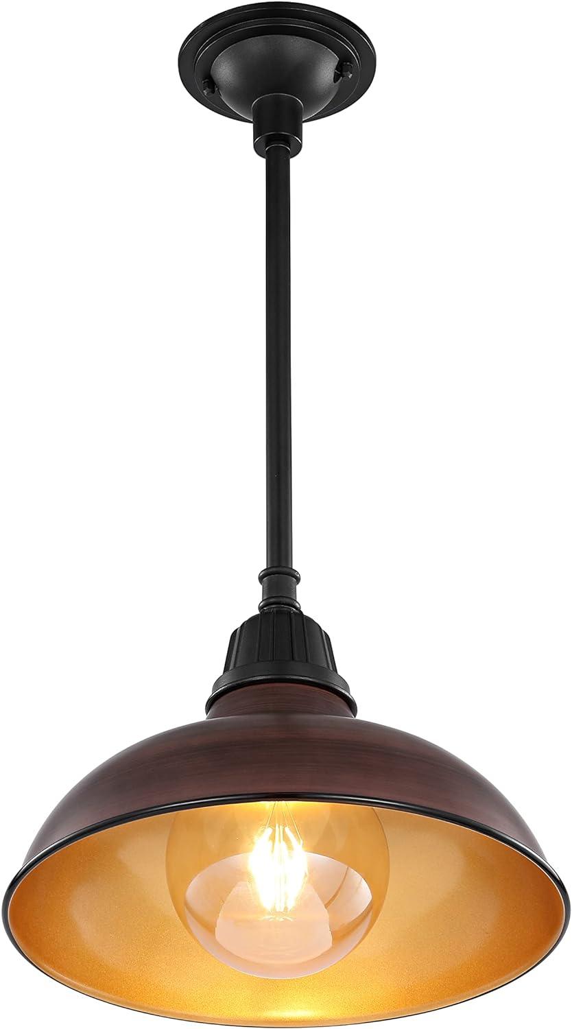 Jasper 12.25" 1-Light Farmhouse Industrial Indoor/Outdoor Iron LED Pendant, Wood Finish/Copper