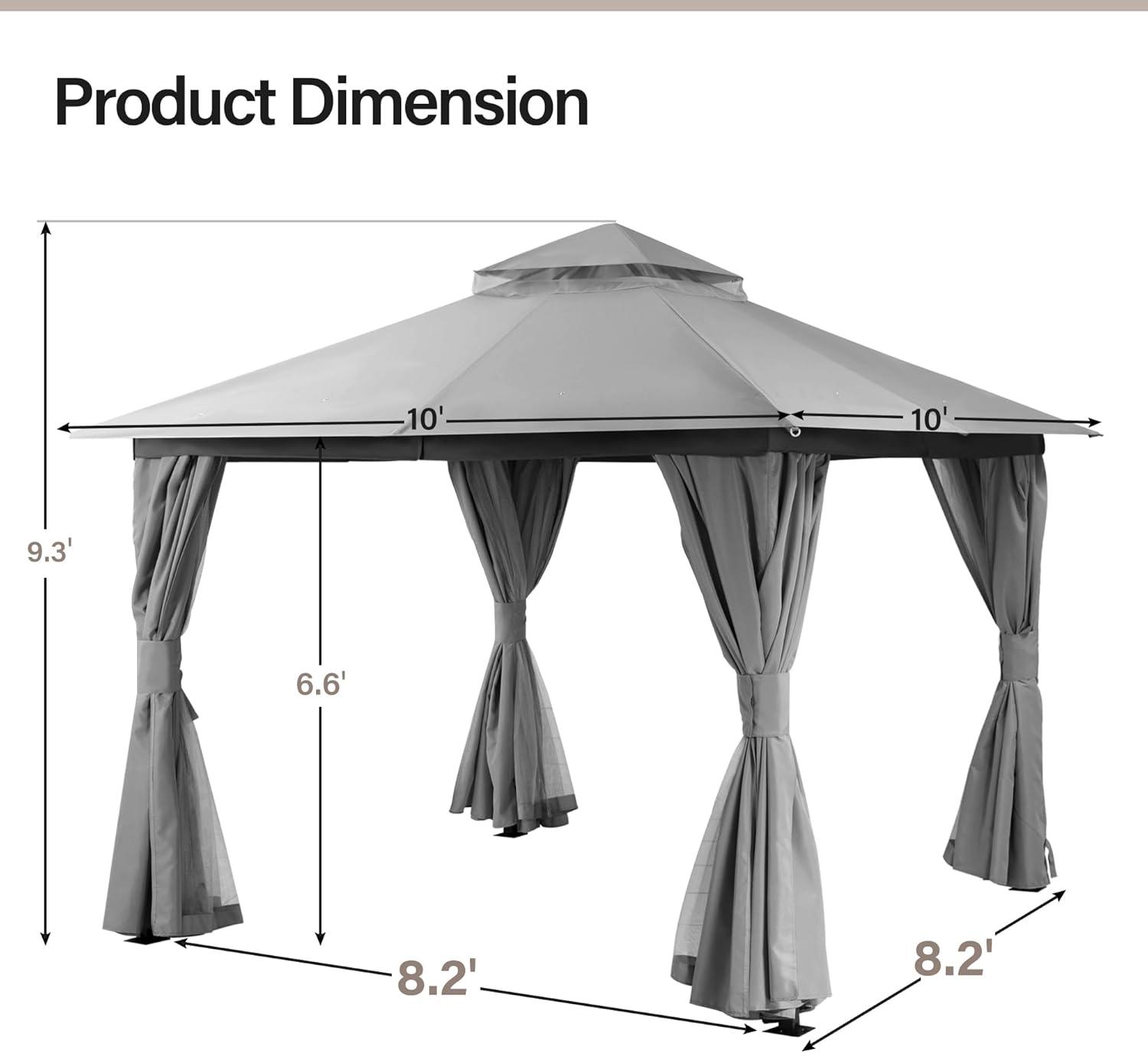 LAUSAINT HOME 10'x10' Patio Gazebo, Double Roof Outdoor Shelter Tent with Mosquito Nettings and Privacy Screens, Gray