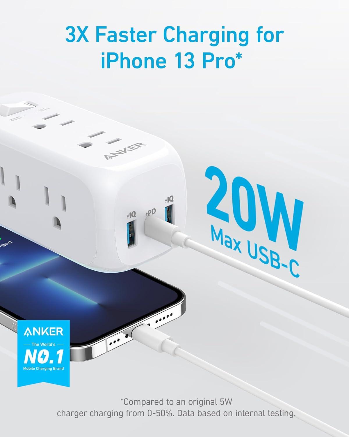 Anker 332 USB C Power Strip Surge Protector(300J),6 Outlets and 20W Power Delivery for iPhone 14/13, 3-Side Outlet Extender, 5ft Extension Cord