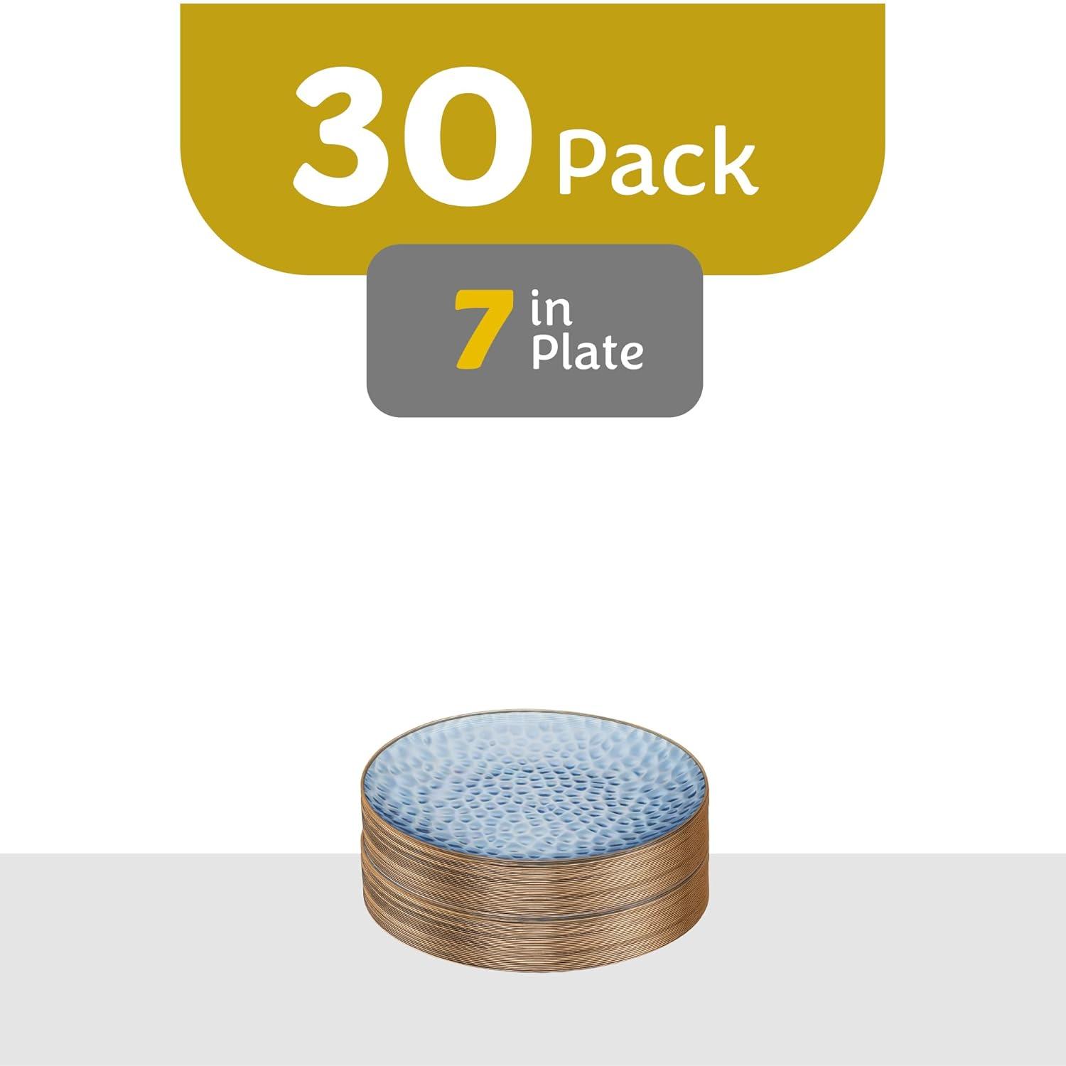 PLASTICPRO Pack of 30 Disposable Plastic Plates Fancy Dinner Plate Heavy Weight, Hammered Blue With Gold Rim 7”