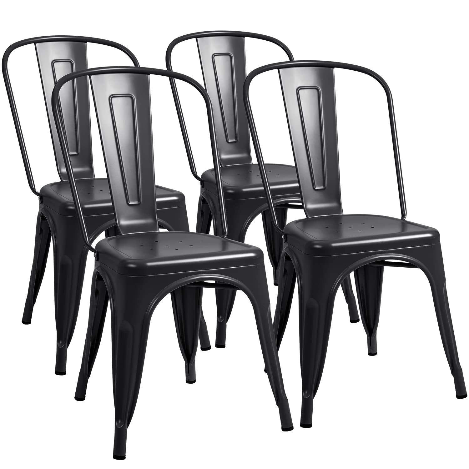 Iron Metal Dining Chairs Stackable Side Chairs Bar Chairs with Back Indoor/Outdoor Classic/Chic/Industrial/Vintage Bistro Trattoria Kitchen Restaurant Matte Black, Set of 4