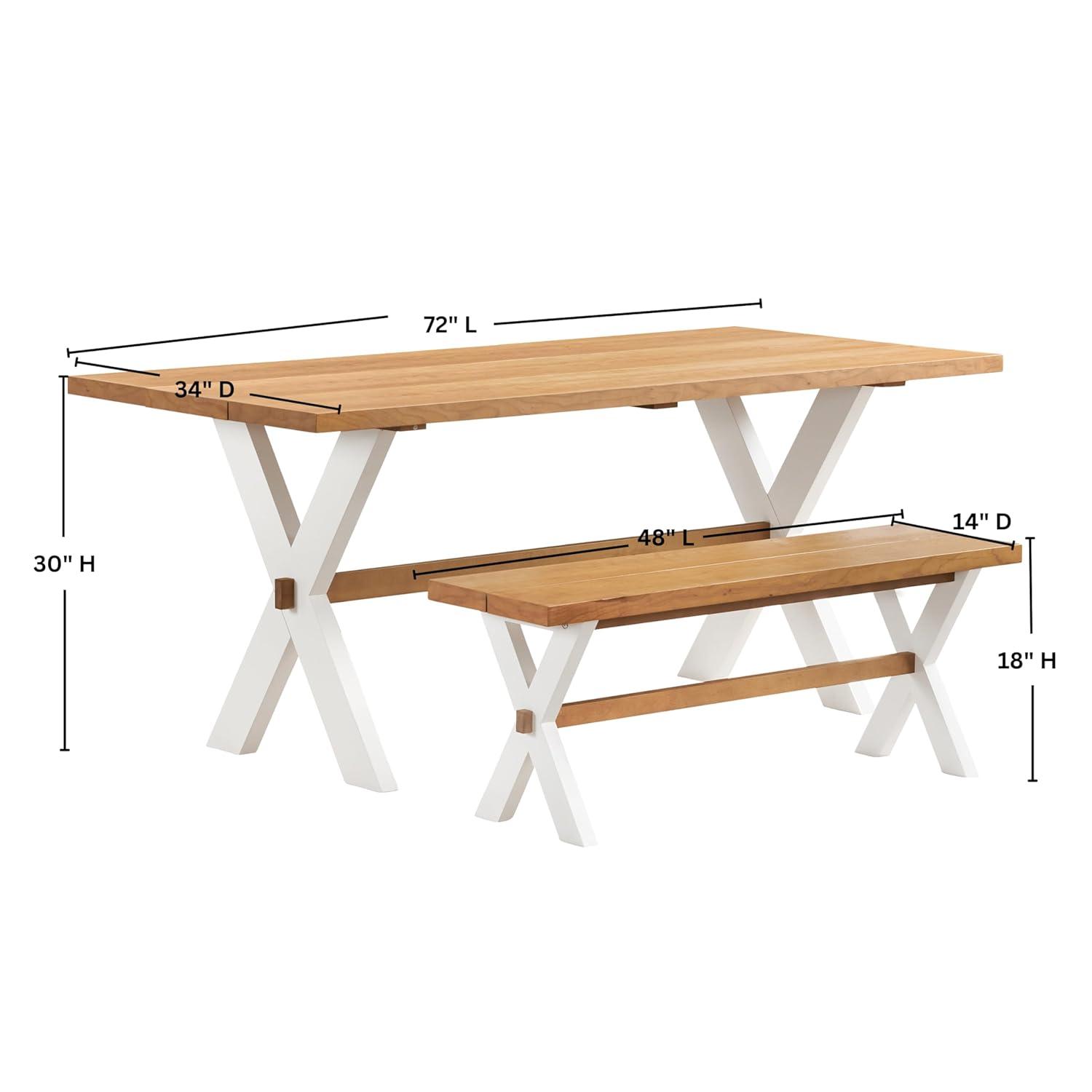 Chelsea 72" Wide Farmhouse Style Table With Crossed Legs Rectangular Dining Table with Bench