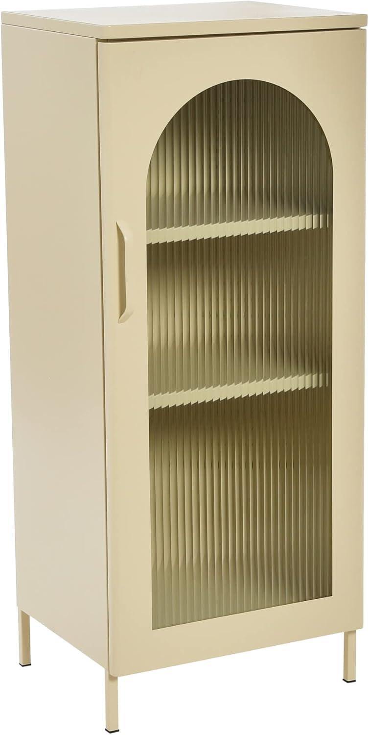 Storied Home Solstice Narrow Metal Accent Cabinet: Arched Glass, Off-White Display Storage