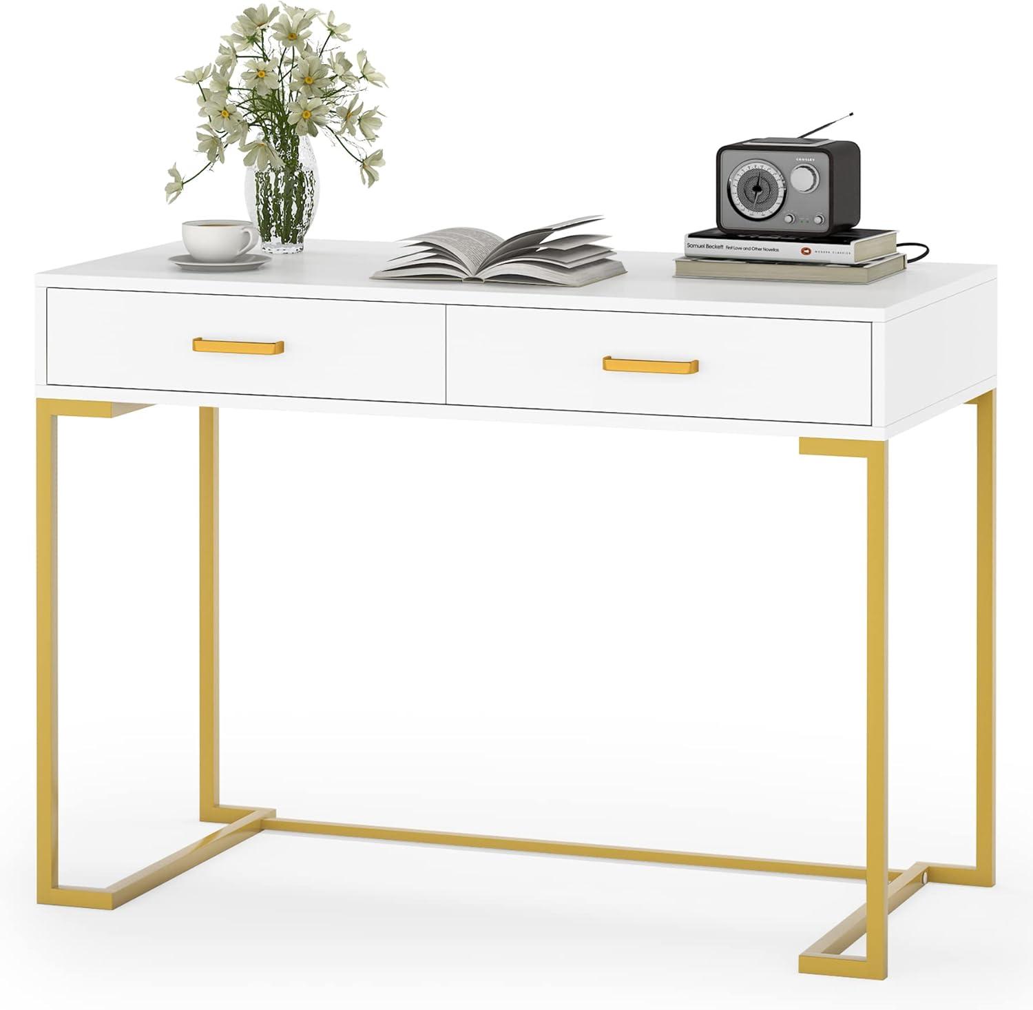 Tribesigns Modern 40" Makeup Dresser or Home Office Computer Laptop Writing Desk with Two Storage Drawers, White Top and Gold Metal Frame