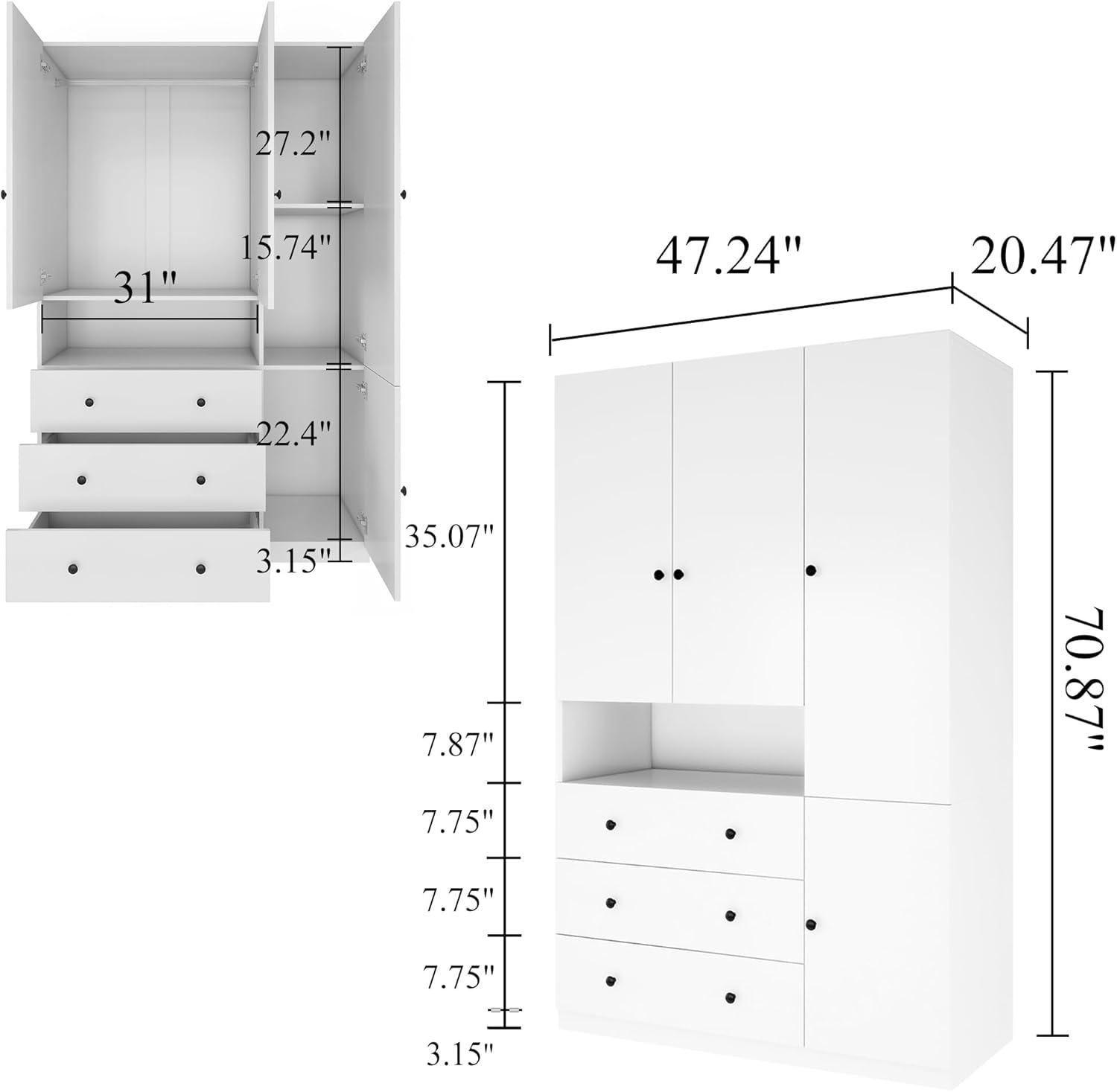 Livelylodge 74" Tall Freestanding 3-Door Wardrobe Armoire - White