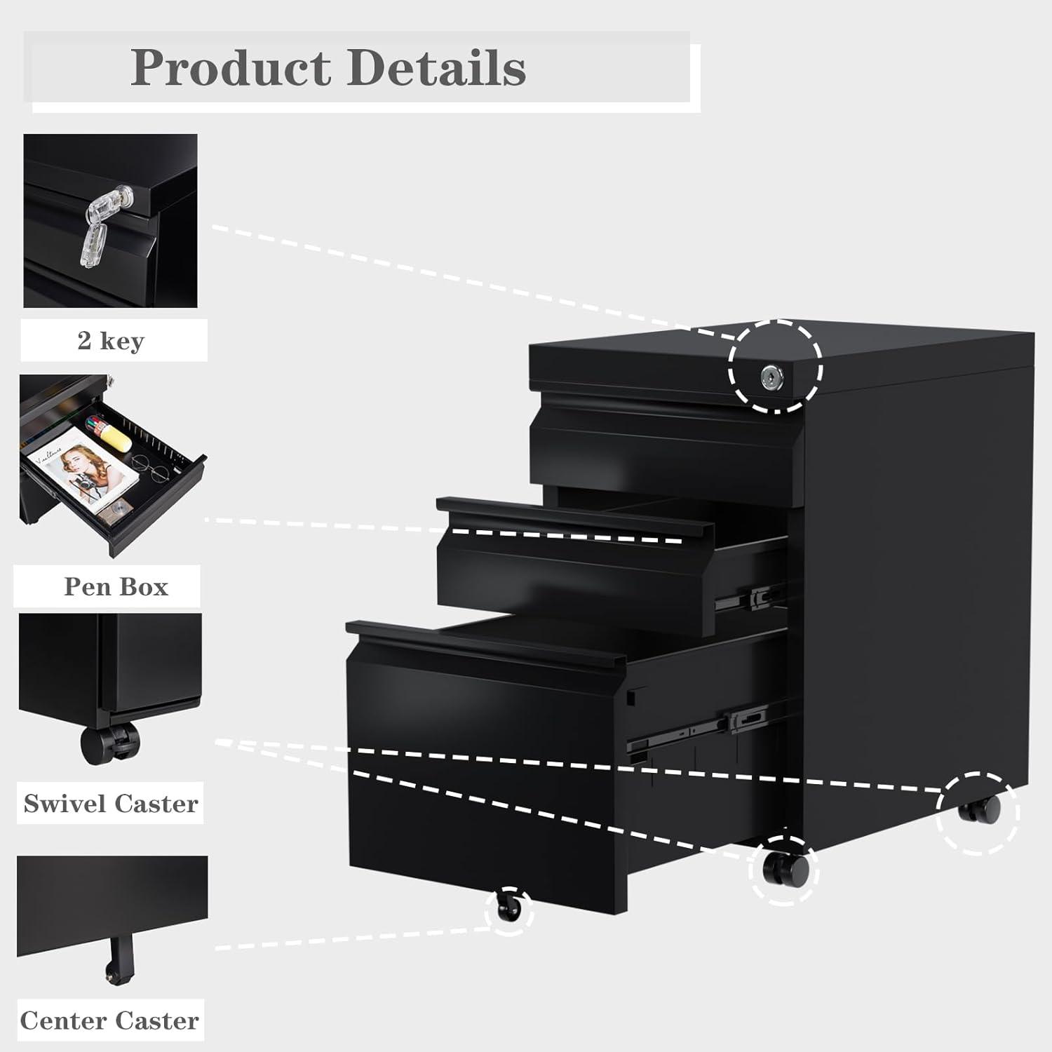 Inbox Zero 3-Drawer Mobile File Cabinet With Lock