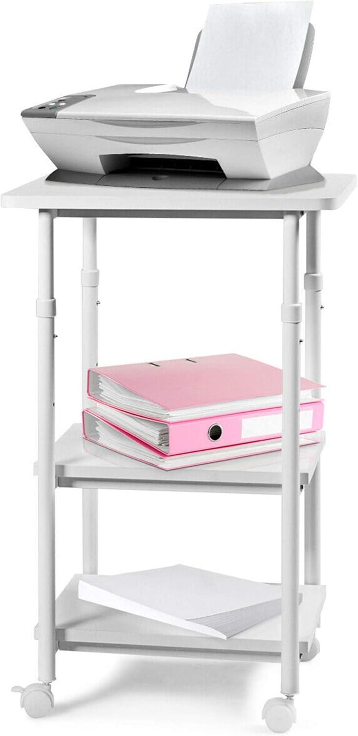 Tangkula 3-Tier Adjustable Rolling Under Desk Printer Cart with 3 Storage Shelves Printer Stand for home office White