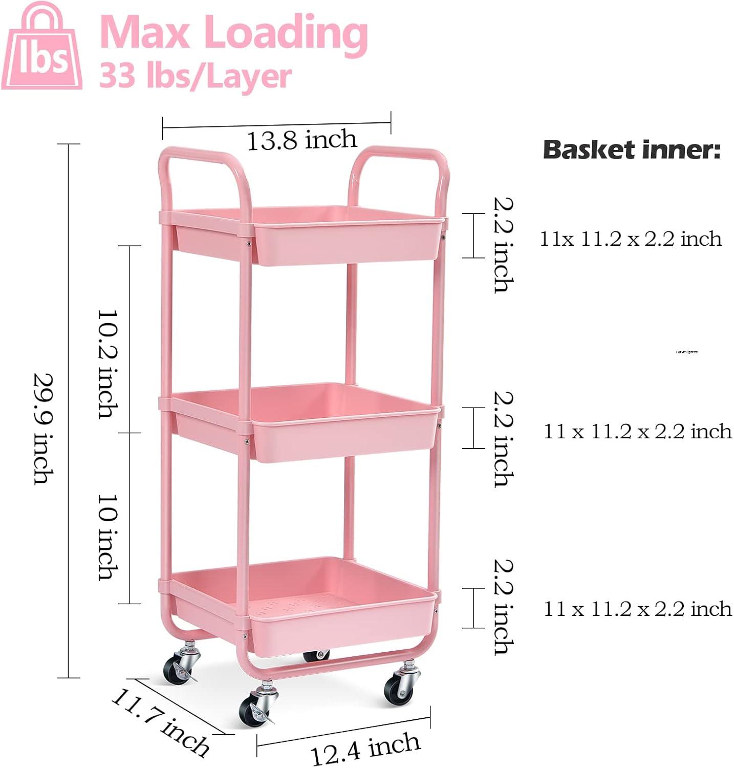 Pink 3-Tier Rolling Utility Cart with Alloy Steel Frame