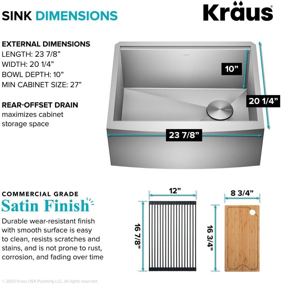 KRAUS Kore™ 24" L Farmhouse Apron Front Workstation 16 Gauge Stainless Steel Single Bowl Kitchen Sink with Accessories