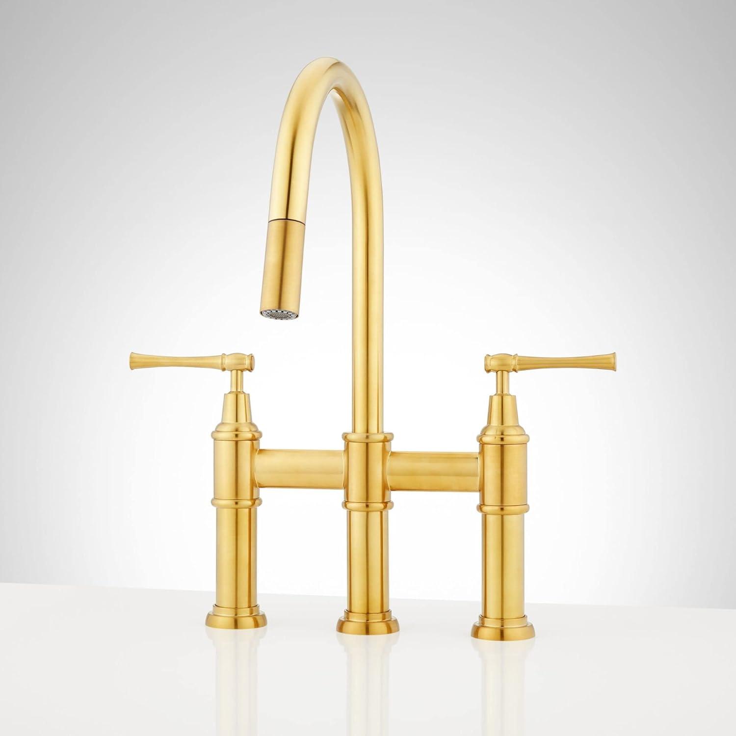 Brushed Gold Double Handle Pull-Down Kitchen Faucet