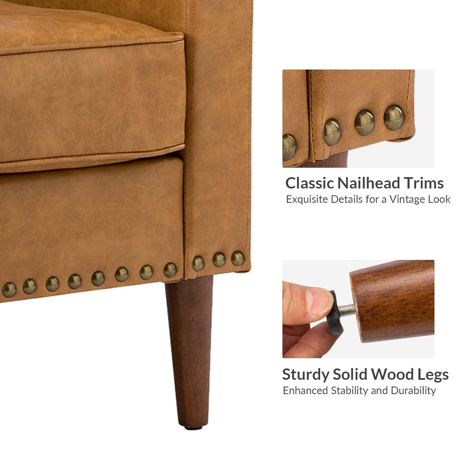 HULALA HOME Faux Leather Accent Armchairs Set of 2 with Back & Seat Cushions, Traditional Club Chairs with Nailhead Trim, Comfy Upholstered Sofa Chairs for Living Room Bedroom, Beige