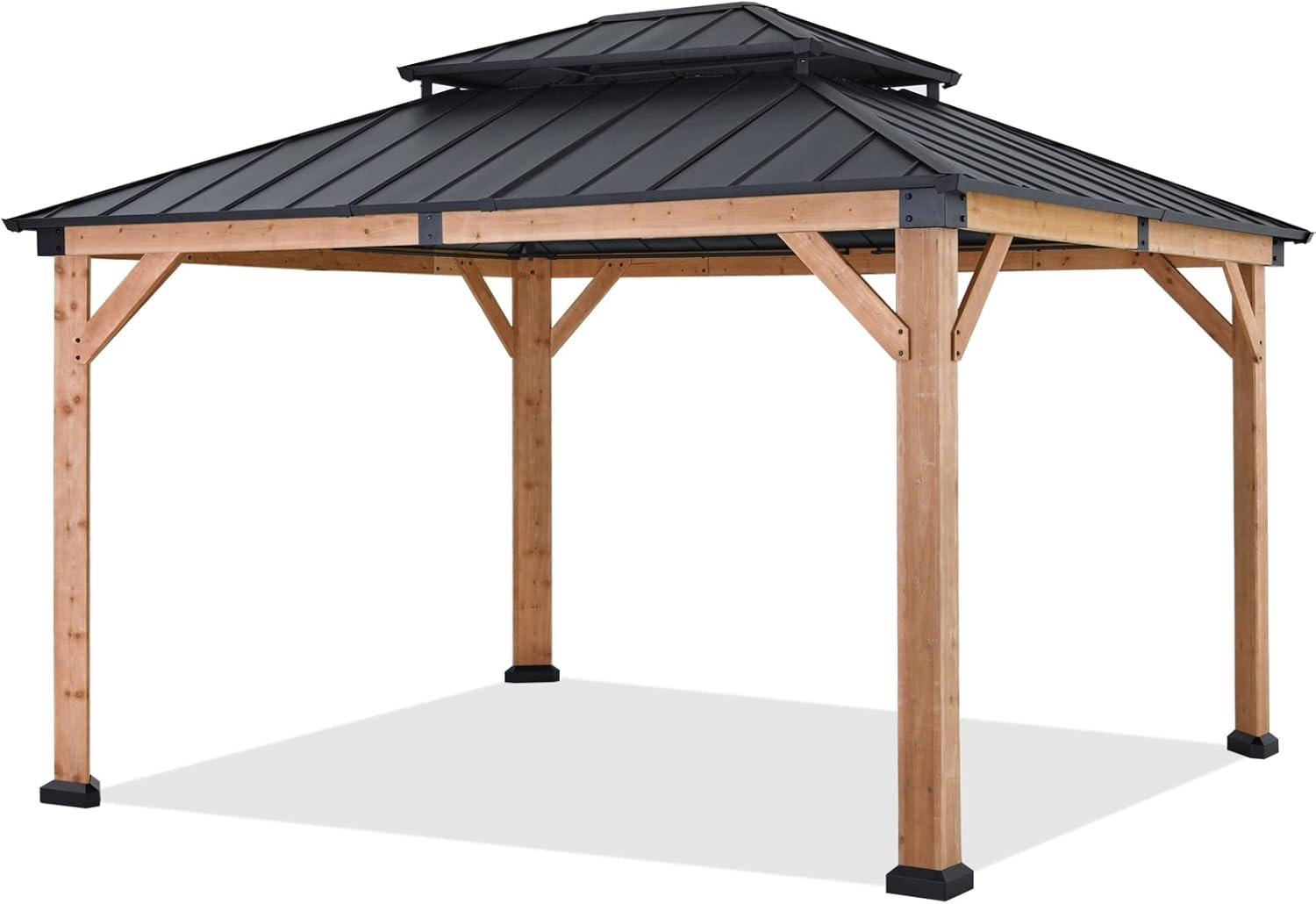 11x13 Cedar Wood Gazebo with Black Metal Double Roof