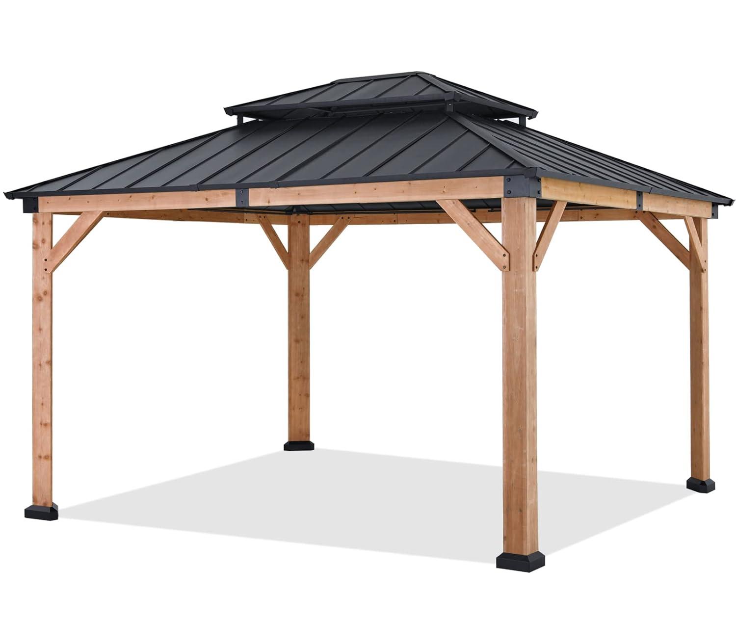 11 ft. x 13 ft. Wood Gazebo Matte Black Roof and Natural Wood Frame Gaezbos Black Double Steel Hardtop Roof