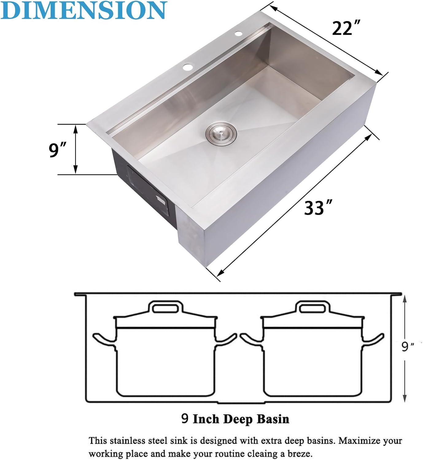 33-Inch Brushed Stainless Steel Farmhouse Drop-In Sink with Accessories