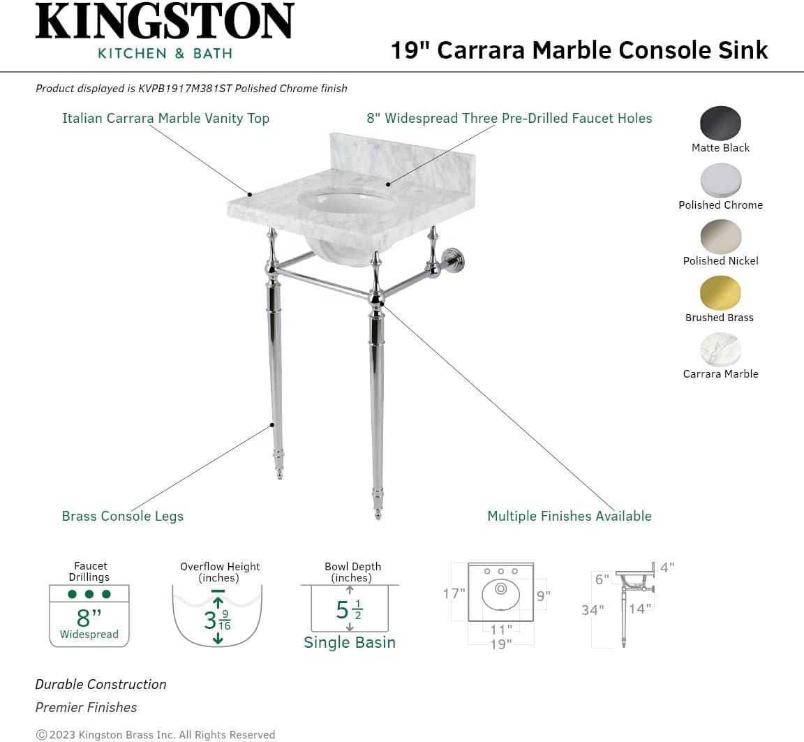 Kingston Brass Edwardian 19-Inch Carrara Marble Console Sink with Brass Legs (8-Inch, 3-Hole)