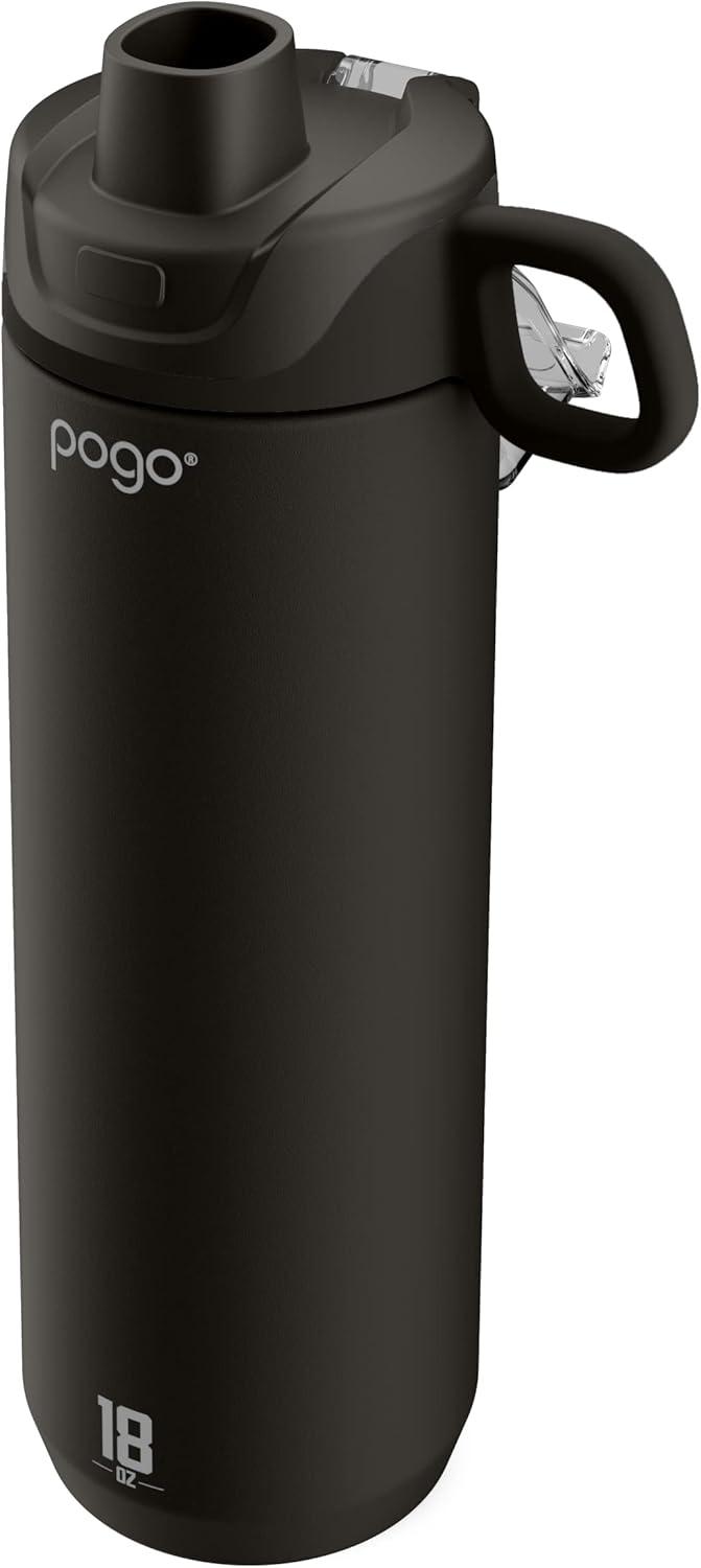 Pogo Active Vacuum Insulated Stainless Steel Water Bottle with Leak Proof Chug Lid and Silicone Carry Loop, Powdercoat, Black, 18 oz
