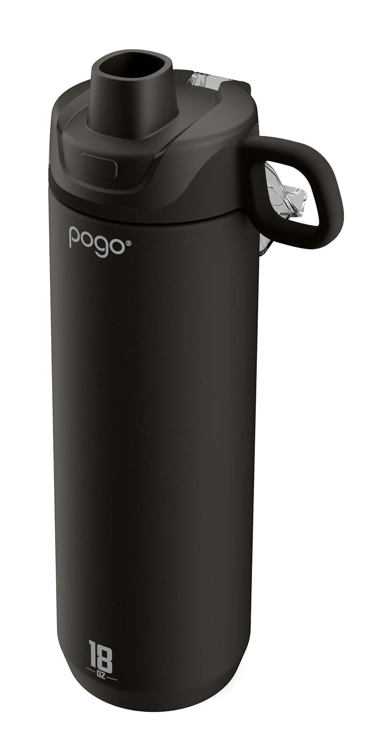 Pogo Active Vacuum Insulated Stainless Steel Water Bottle with Leak Proof Chug Lid and Silicone Carry Loop, Powdercoat, Black, 18 oz