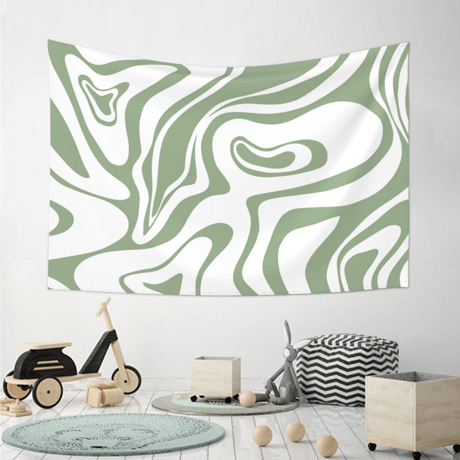 ONETECH Sage Green Tapestry Wall Hanging College Dorm Bedroom Living Room Decor Aesthetics Abstract Swirl Art Poster