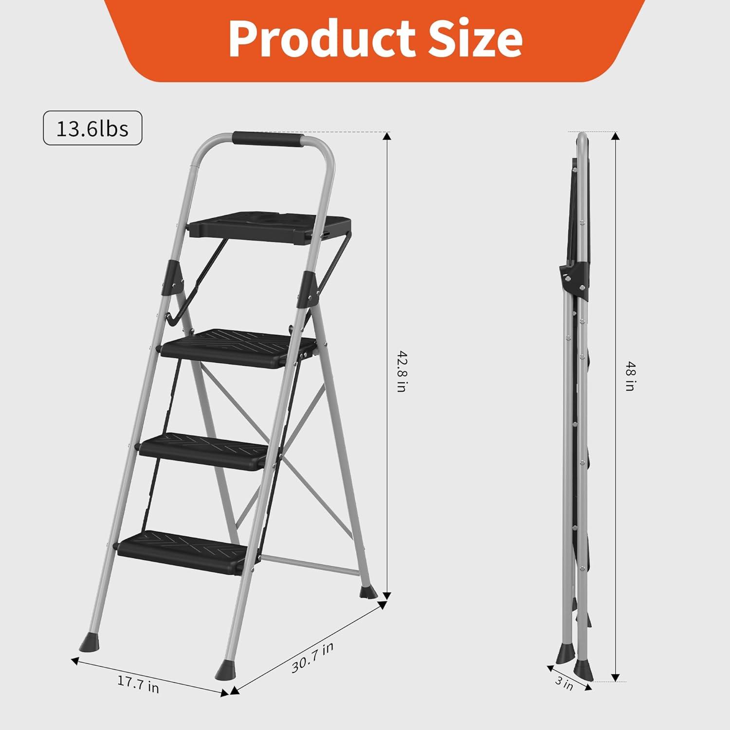 3 Step Ladder,DIAMONDFORGE Folding Step Stool with Tool Platform,Wide Anti-Slip Pedal and Anti-Slip Feet,Sturdiest Steel Construction,900lbs Capacity Steel Ladder for Home Office,Grey