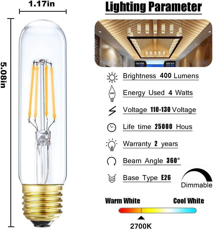 Dimmable Edison LED Tubular Bulb T10 - 4W - E26 Medium Base - 4000K Daylight - 3 Pack