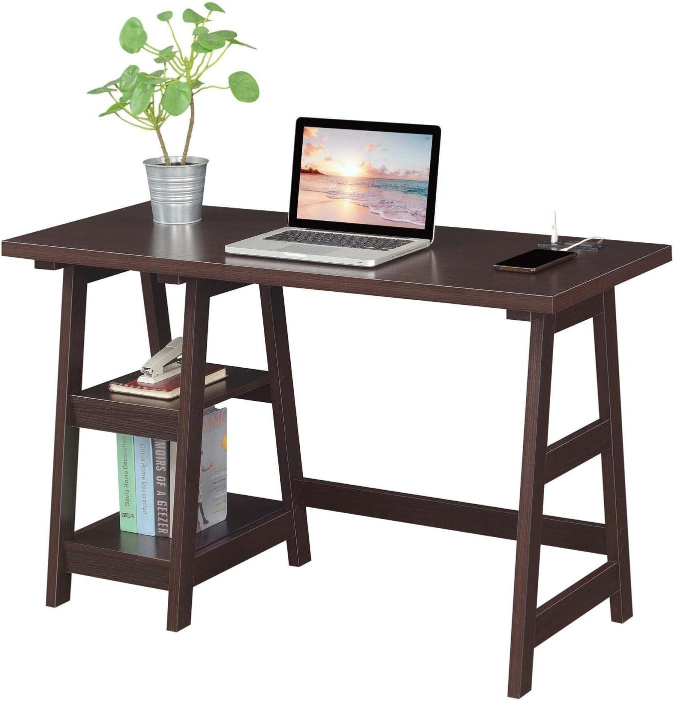 Convenience Concepts Designs2Go 29.25" Trestle Desk w Charging Station & Shelves, Espresso, All Ages