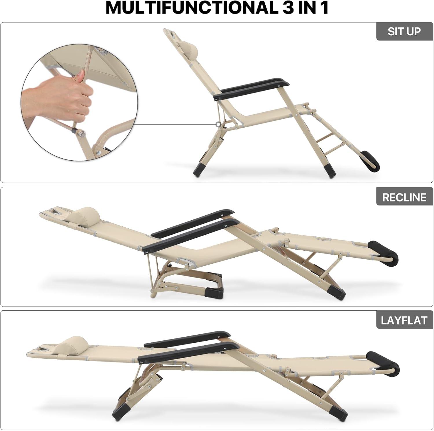 MoNiBloom Lounge Chair with Adjustable Headrest and Foot Pads, Outdoor Foldable Recliner, Folding Reclining Lounger for Adults, Support 330lbs, Cream