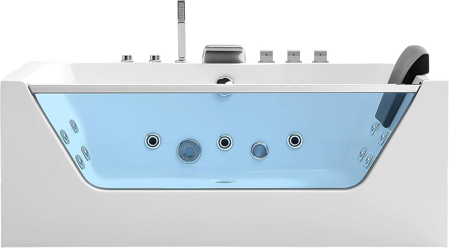 59-Inch White Acrylic Rectangular Whirlpool Bathtub with Jets and Blue Glass Panel