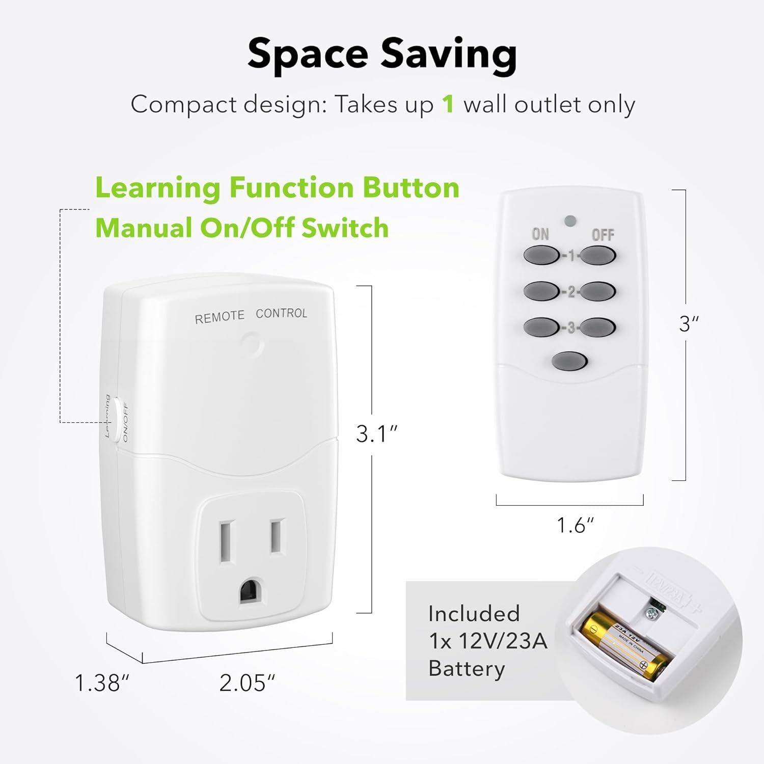 BN-LINK Mini Wireless Remote Control Outlet Switch Power Plug In for Household Appliances, Wireless Remote Light Switch, LED Light Bulbs, White (1 Remote + 3 Outlet) 1250W/10A