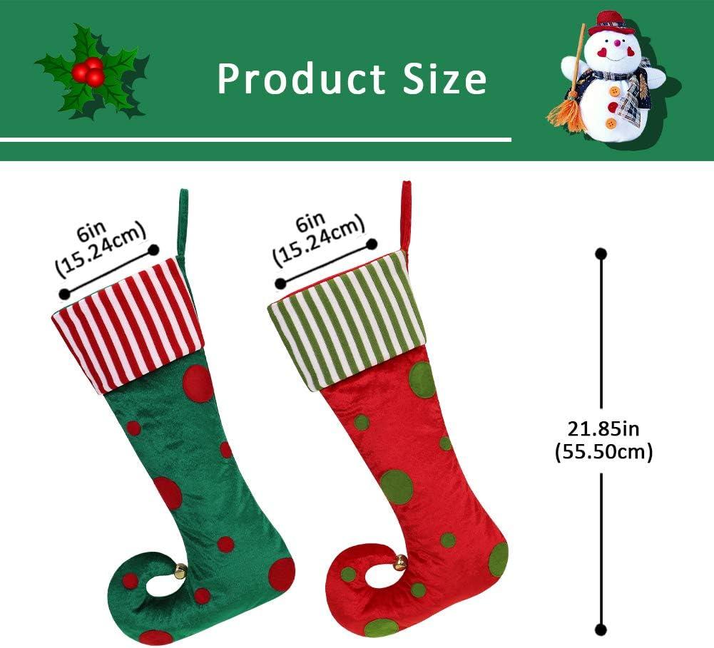 Festive Elf Pattern Red and Green Christmas Stockings with Faux Fur Cuff, 21in