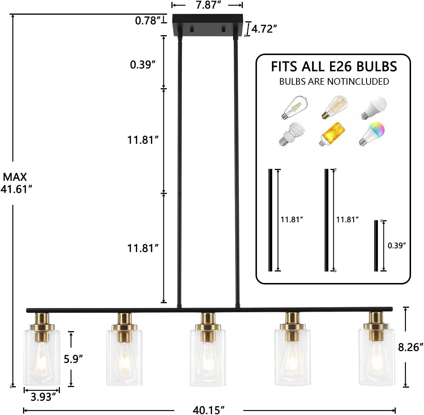 Island Light for Kitchen, 5 Lights Dining Room Lights Fixture with Clear Glass Shade, Matte Black and Gold Finish Pendant Lighting Over Table - ETL Listed