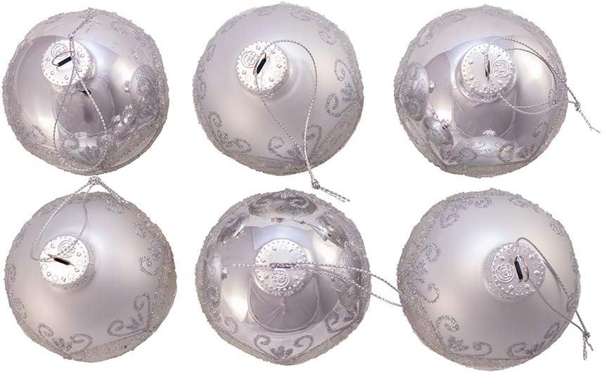 Kurt Adler 80MM Silver with Glitter and Sequins Glass Ball Ornaments, 6 Piece Box