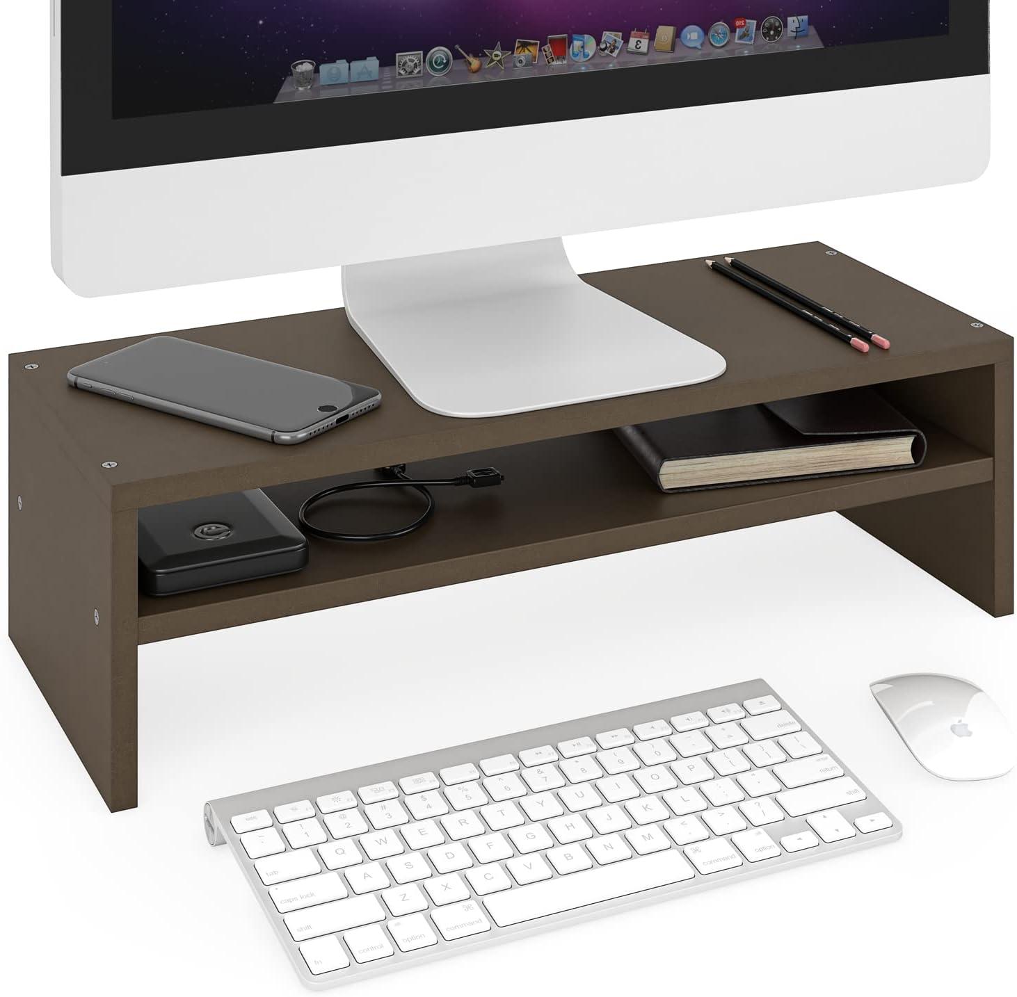 Walnut 2-Tier Ergonomic Monitor Stand with Storage