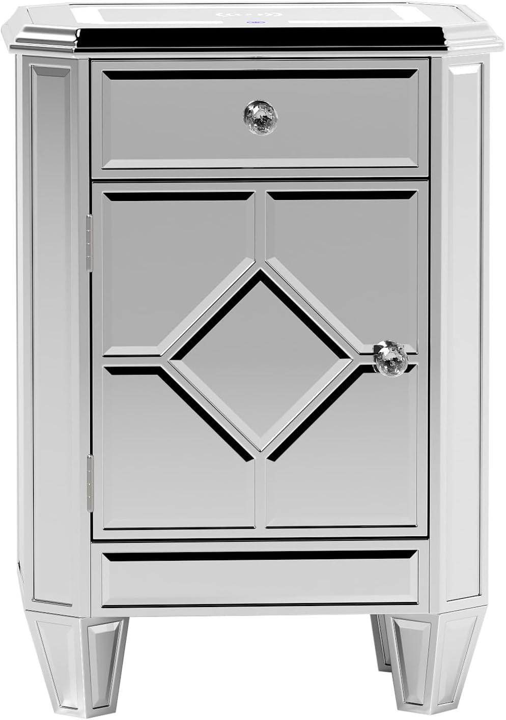 COSVALVE 3 Drawers Mirrored Nightstand Silver Glass Crystal Design Rectangle End Table with Wireless Charging Station, LED Lights, Charge USB Port