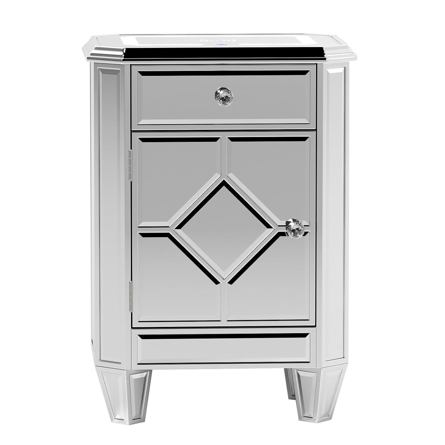 COSVALVE 3 Drawers Mirrored Nightstand Silver Glass Crystal Design Rectangle End Table with Wireless Charging Station, LED Lights, Charge USB Port