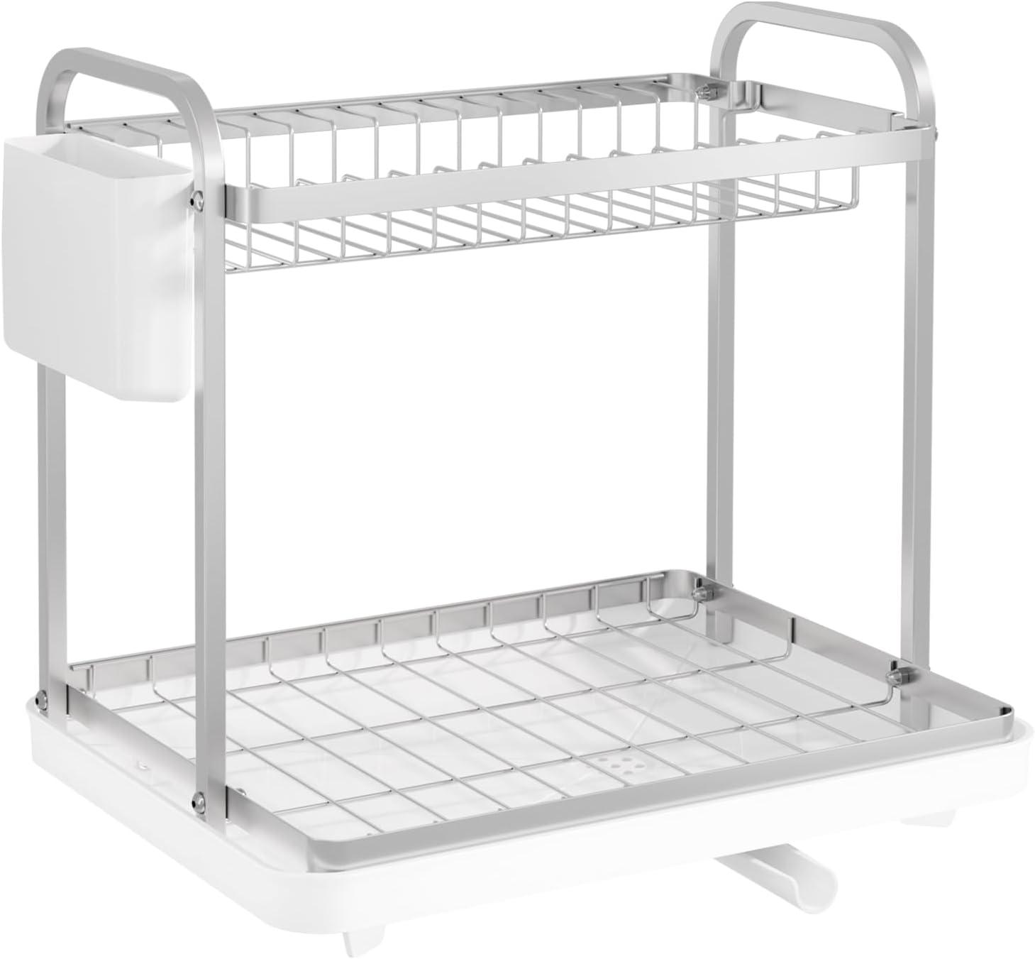 Dish Drying Rack - Stainless Steel Dish Rack for Kitchen Counter, 2-Tier Kitchen Organizers and Storage Rack with Drainboard and Cutlery Holder, Larege, White