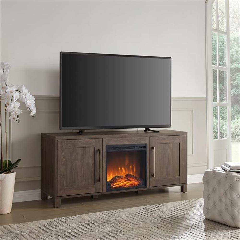 Evelyn&Zoe Chabot Rectangular TV Stand with Log Fireplace for TV's up to 65", Alder Brown