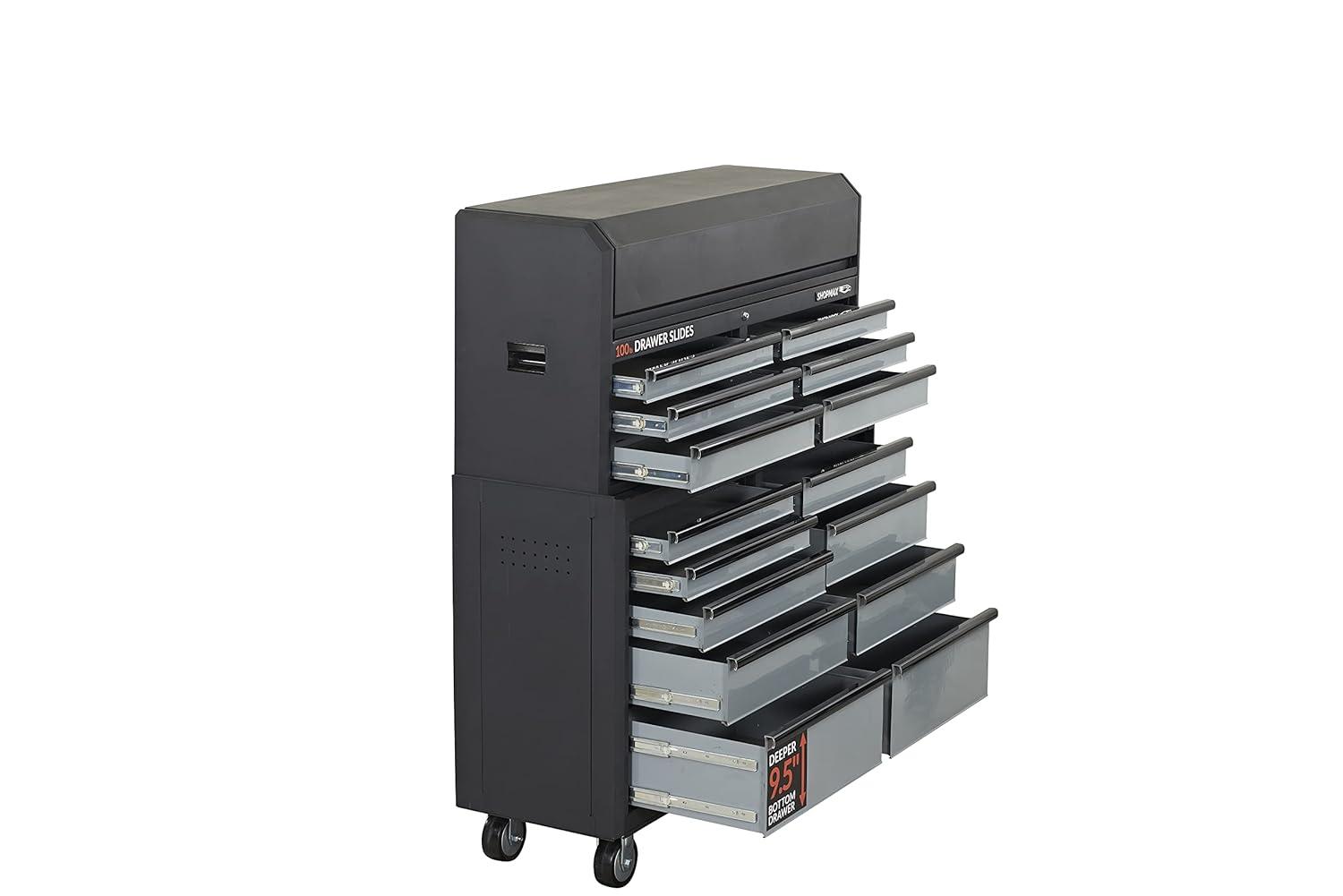 SHOPMAX, 100 lb, 52" Steel 15-Drawer Tool Chest and Rolling Cabinet Black