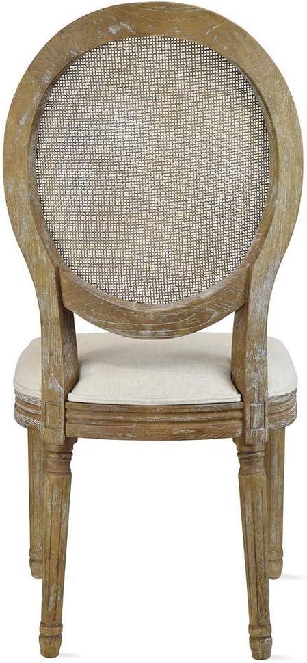 2xhome - French Chic Vintage Style Dining Side Chair With Upholstered Linen Welted Fabric And Elegant Natural Rustic Wood Frame - Rattan Wicker Oval Back, Set of 1, 1 piece
