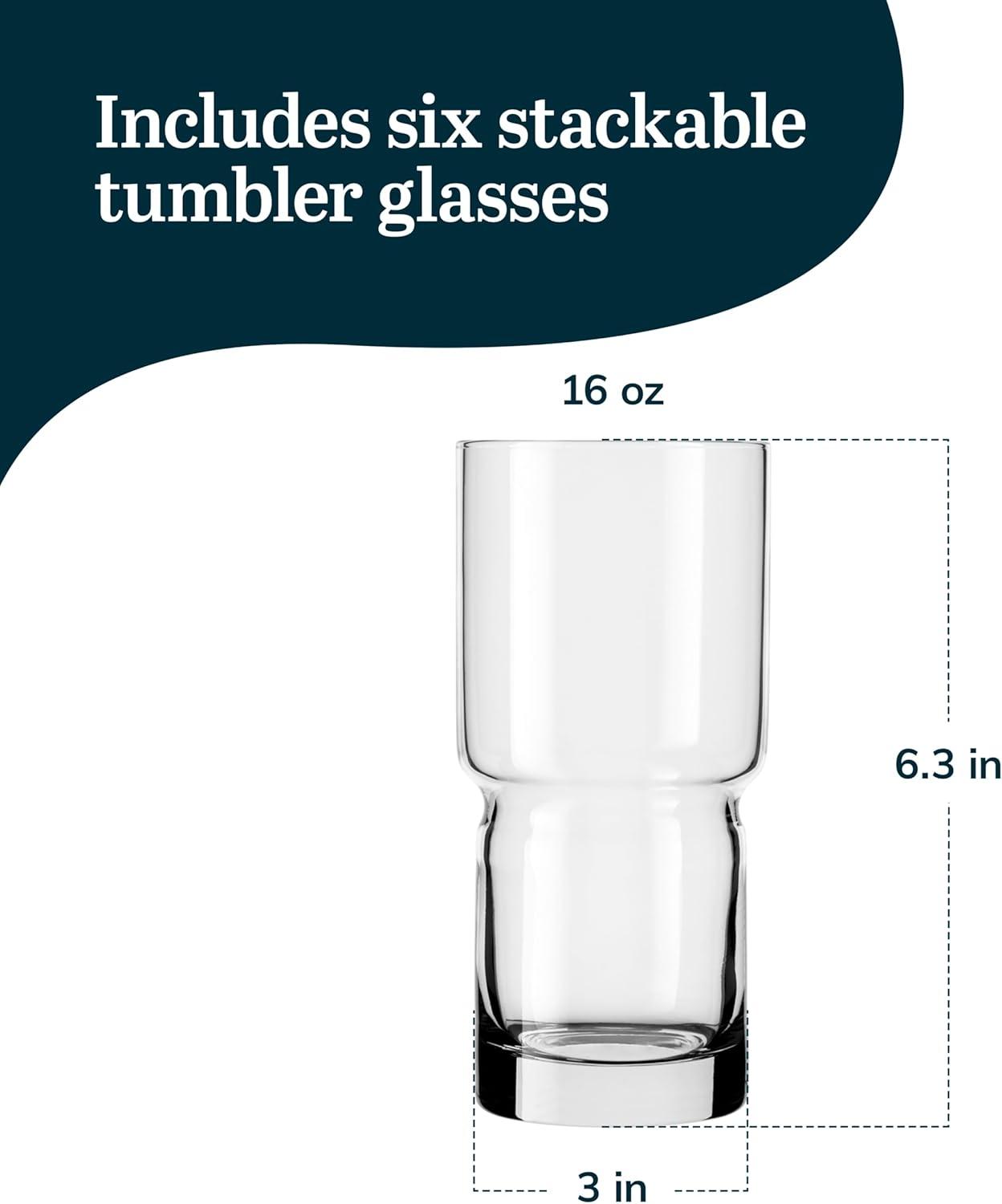 Libbey Newton Stackable Tumbler Glass, 16 ounce, Set of 6