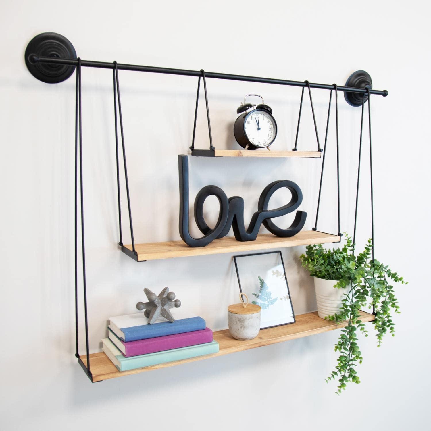 Modern Black Fir Wood and Metal 3-Tier Wall Shelf