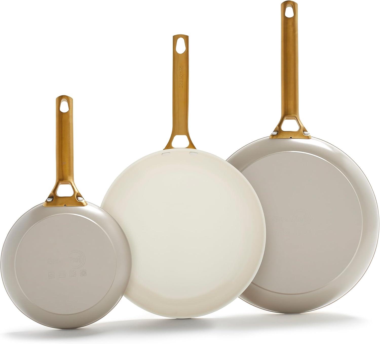 Taupe and Gold Aluminum Ceramic Nonstick Fry Pan Set, 8", 10", 12"