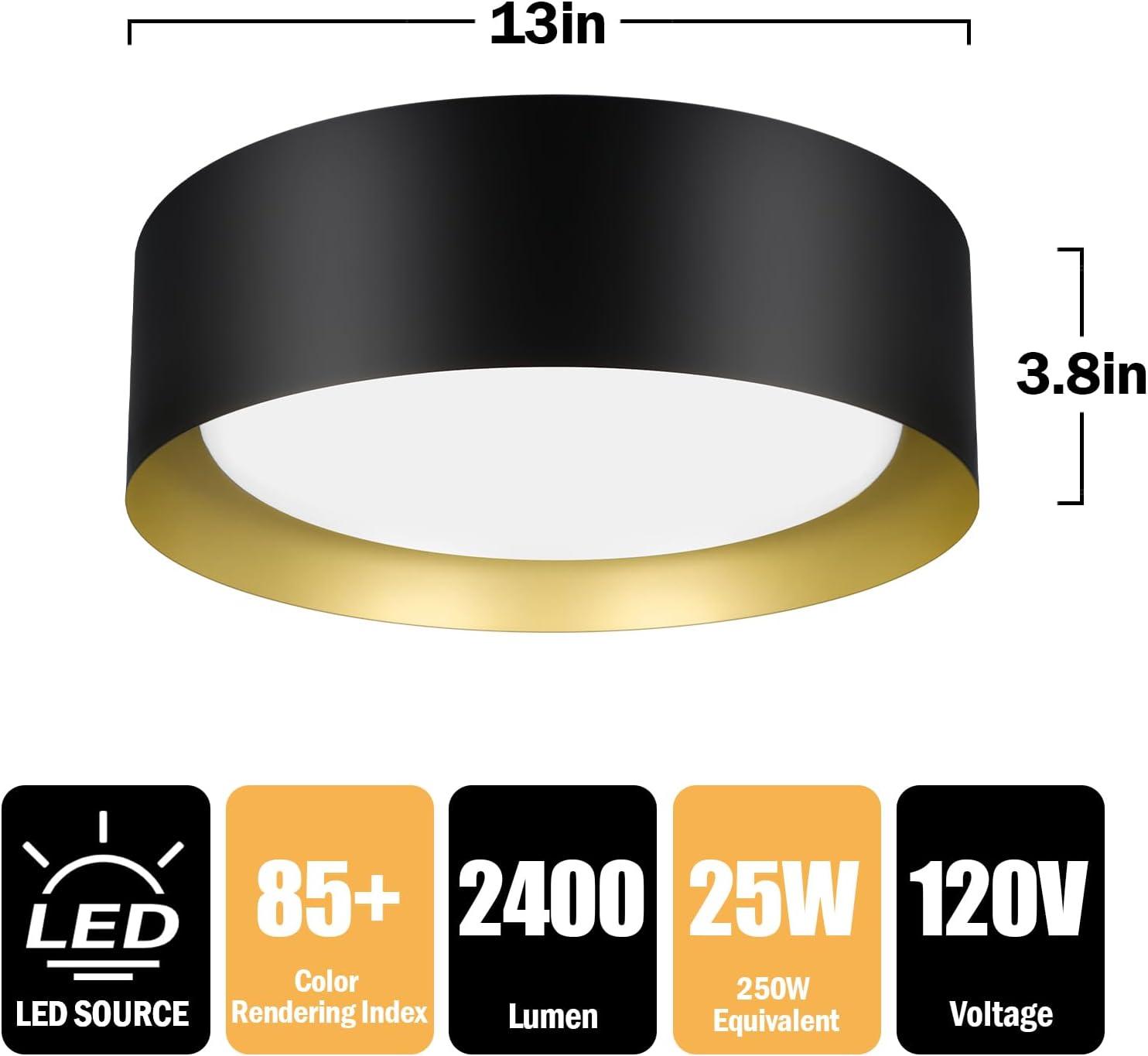 Nordic Hygge Flush Mount Ceiling Light, 13in 25W(250W Equiv) 2400LM, LED Ceiling Light Fixture 3 Colors 3000K 4000K 5000K, Dimmable Black and Gold Modern Flush Mount Light