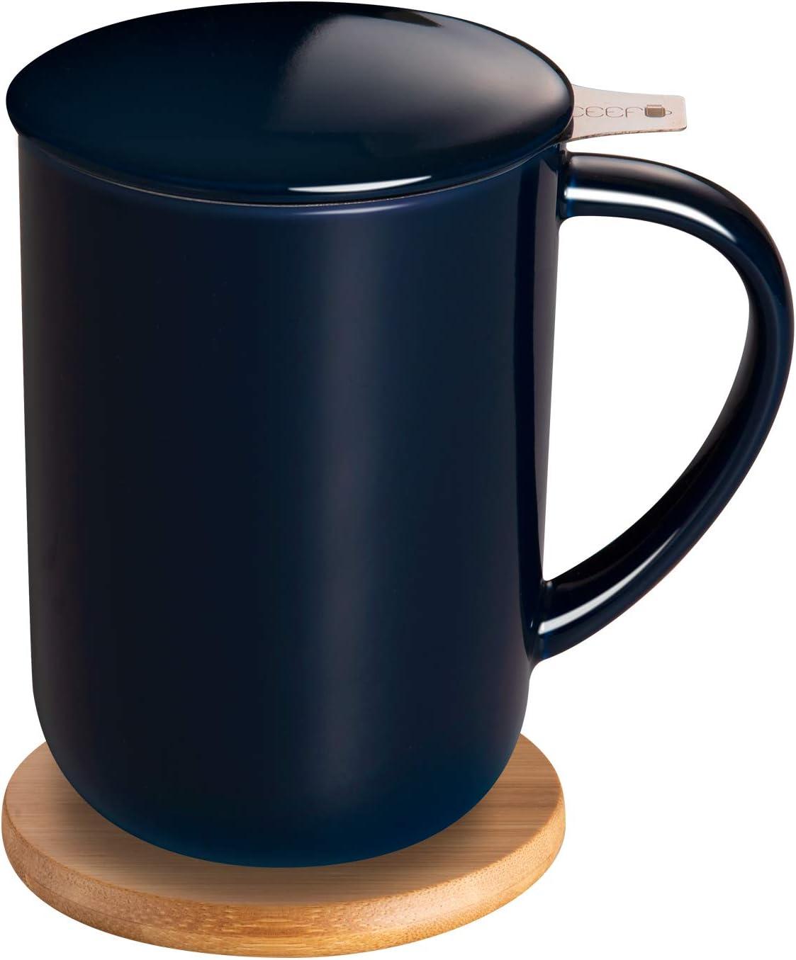 Navy Blue Ceramic Tea Mug with Bamboo Coaster and Lid