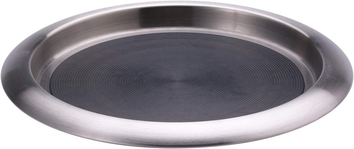 Silver Stainless Steel Round Serving Tray with Non-Slip Rubber Inserts